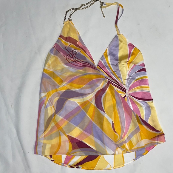 New Guess Marciano Halter Wrap Chain Silky Colorful Halter Top 0 XS - Picture 4 of 10